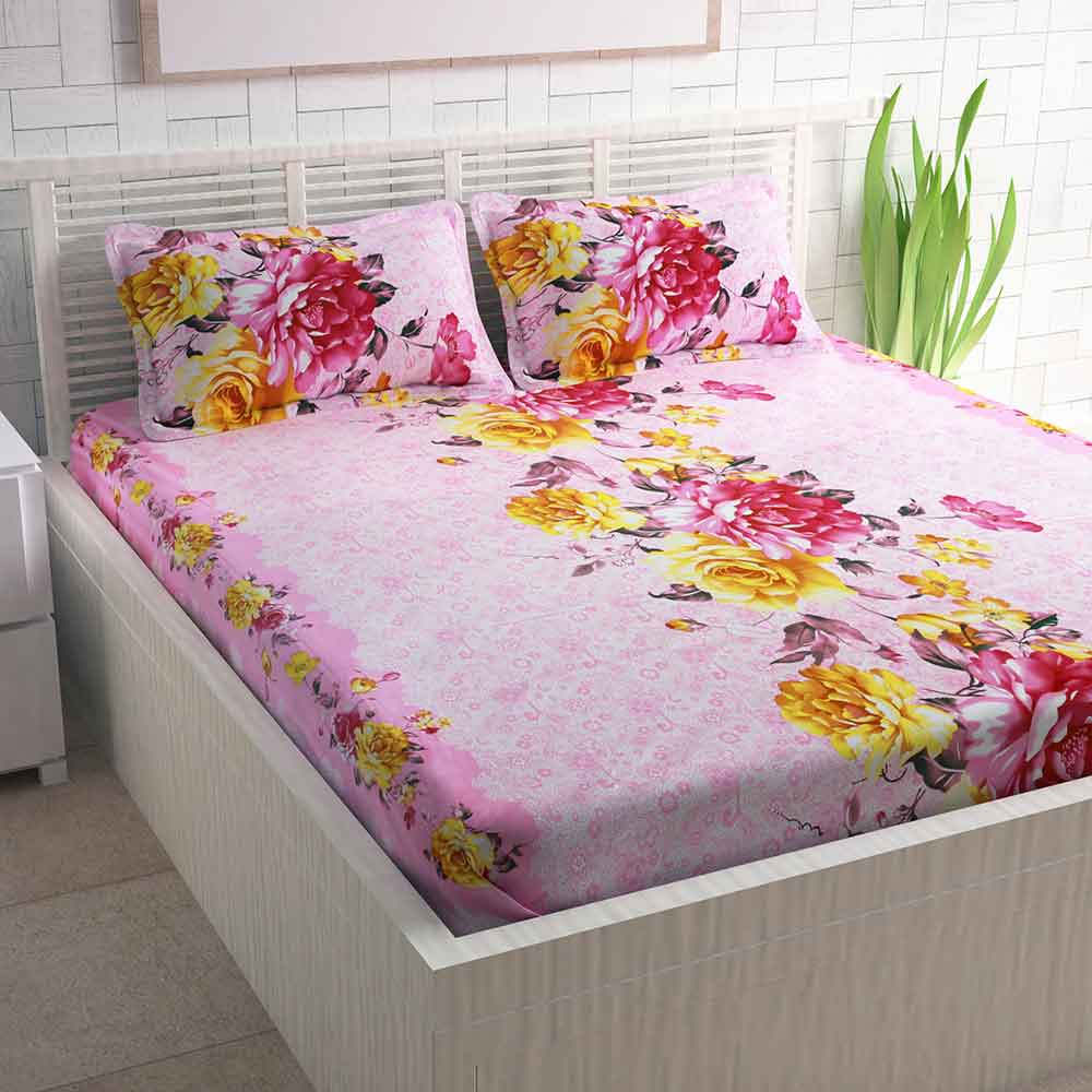 Divine Casa Pink Cotton Pigment Bedsheets For Double Bed Cotton | Rose Floral