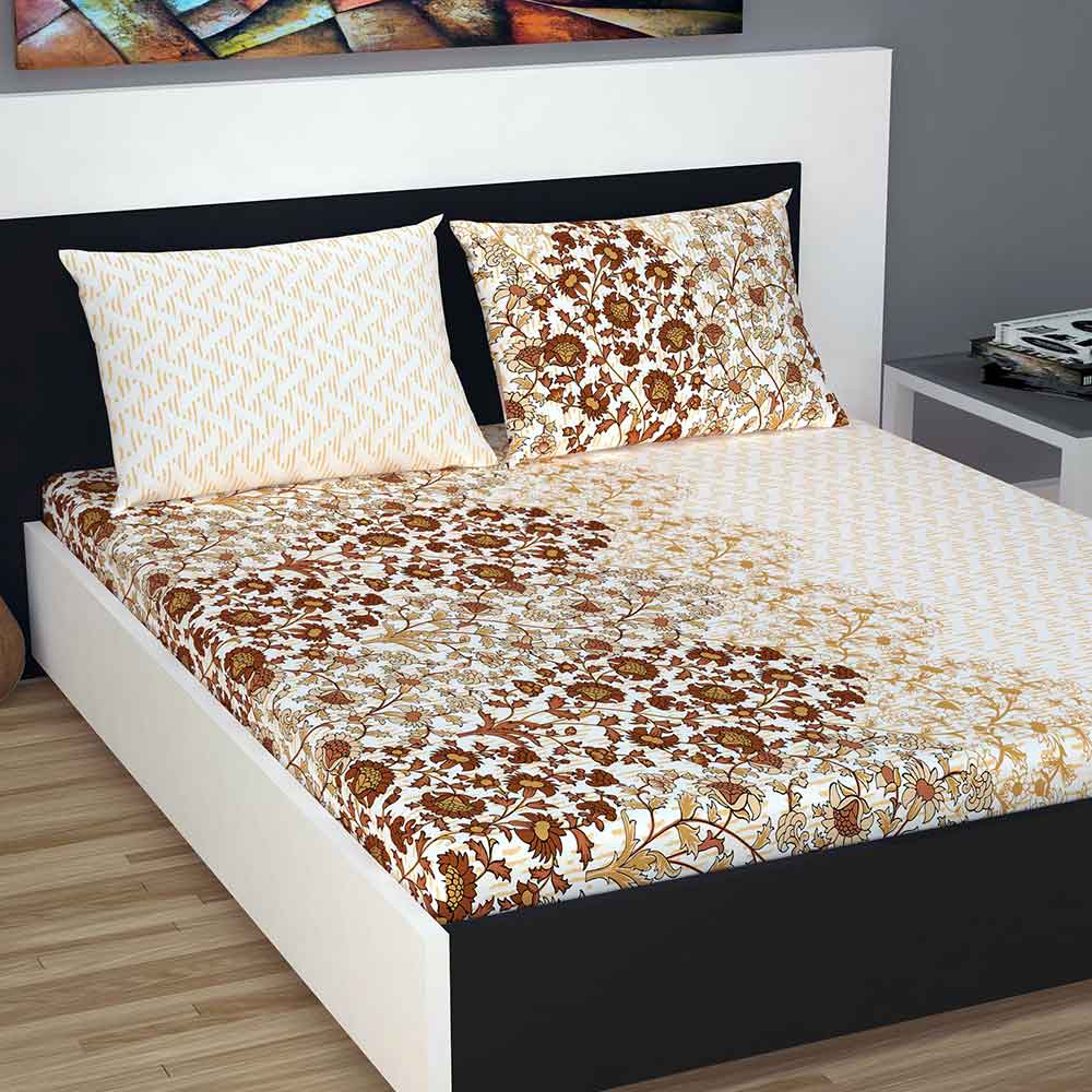 Divine Casa 100% Double Bed Sheet With 2 Pillow Covers Cotton 144 TC, Floral – Brown & Peach