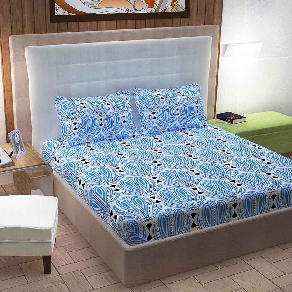 Divine Casa 100% Queen Size Bed Sheet With 2 Pillow Covers Cotton 144 TC, Motifs – Blue & Black