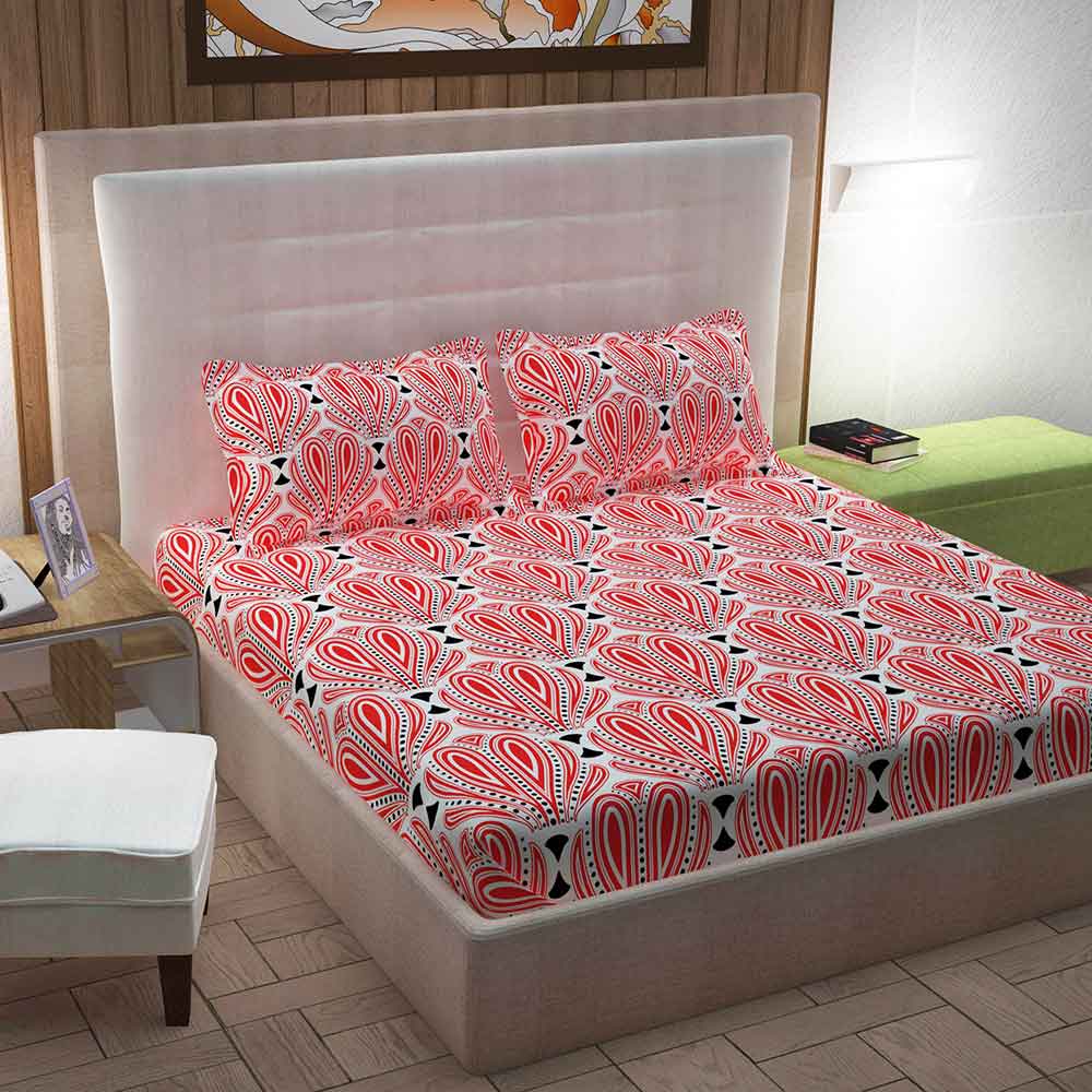 Divine Casa 100% Cotton Premium 144 TC Double Bed Sheet With 2 Pillow Covers, Motifs – Red & Black
