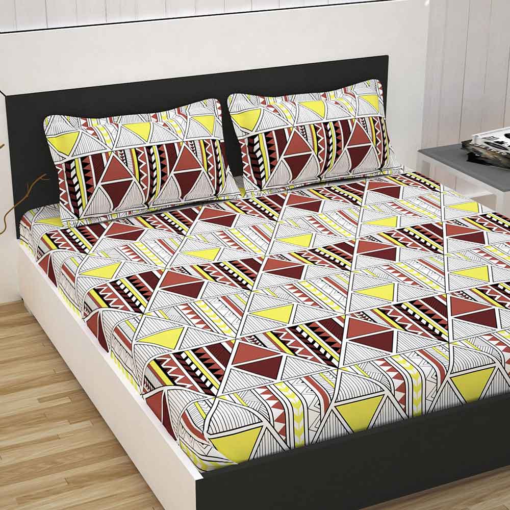 Divine Casa 100% Premium Double Bed Sheet With 2 Pillow Covers Cotton 144 TC, Abstract – Brown & Yellow
