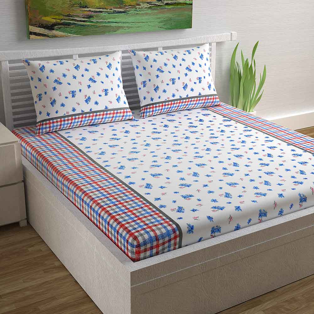 Divine Casa Magic 104 TC Cotton Double Bedsheet with 2 Pillow Covers – Modern, Blue