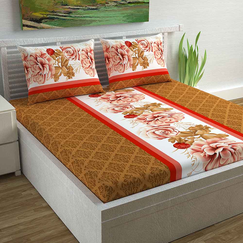 Divine Casa Magic 104 TC Cotton Double Bedsheet with 2 Pillow Covers – Modern, Light Brown