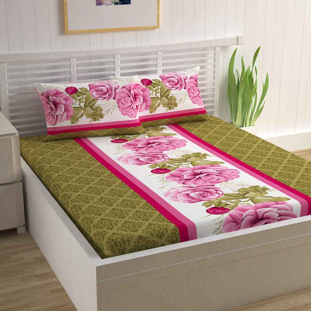 Divine Casa Magic 104 TC Cotton Double Bedsheet with 2 Pillow Covers – Modern, Green