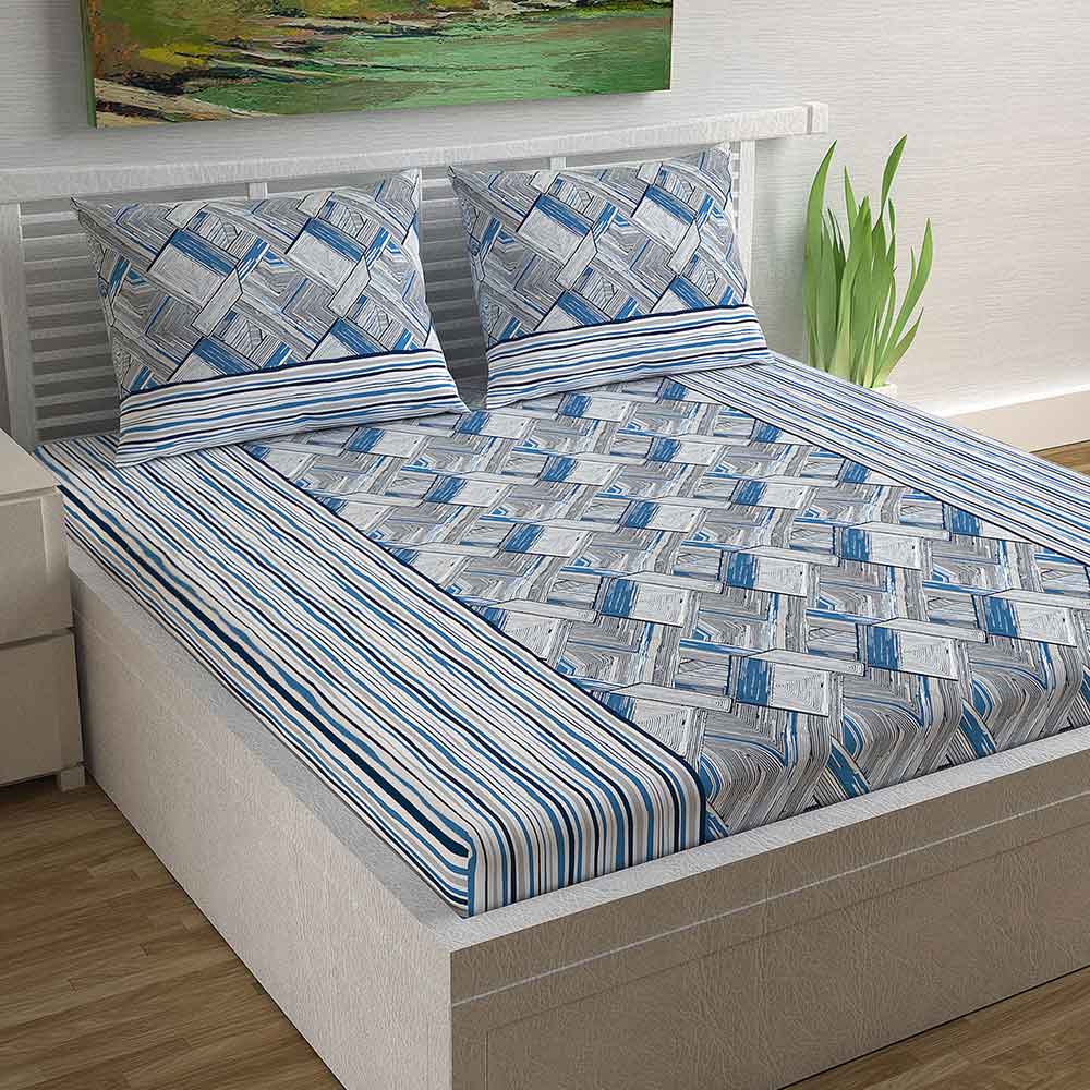 Divine Casa Magic 104 TC Cotton Double Bedsheet with 2 Pillow Covers – Modern, Square Sky Blue