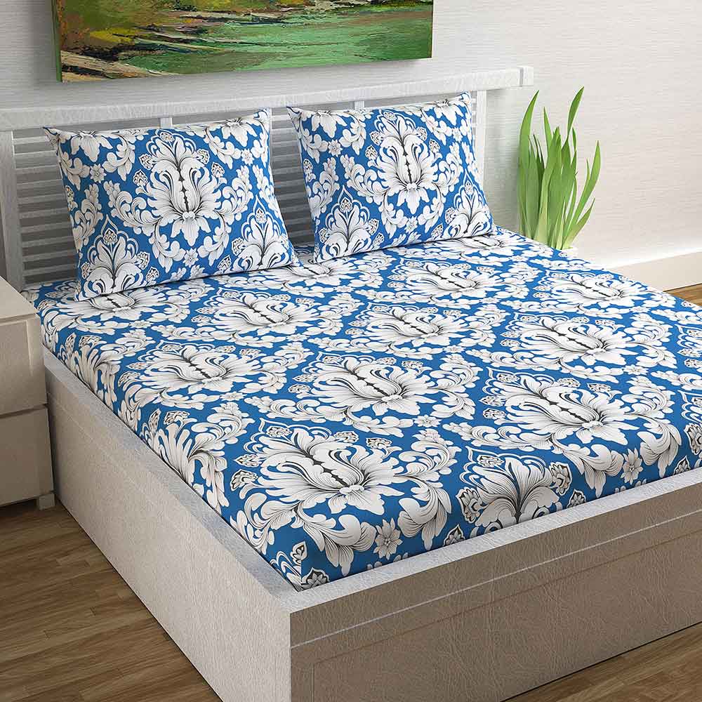 Divine Casa Magic 104 TC Cotton Double Bedsheet with 2 Pillow Covers – Modern, Blue