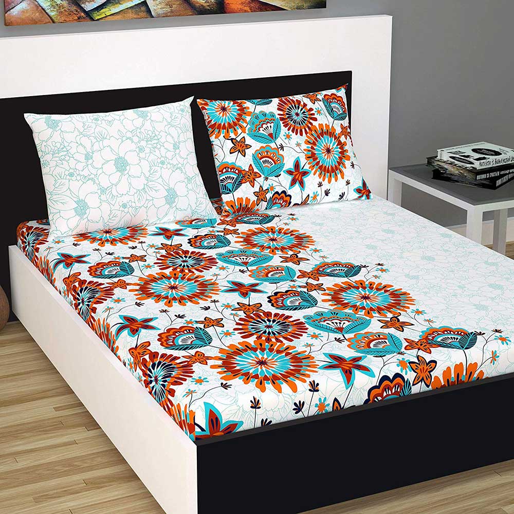 Divine Casa Evan 144 TC Cotton Double Bedsheet with 2 Pillow Covers – Floral, Blue and Orange